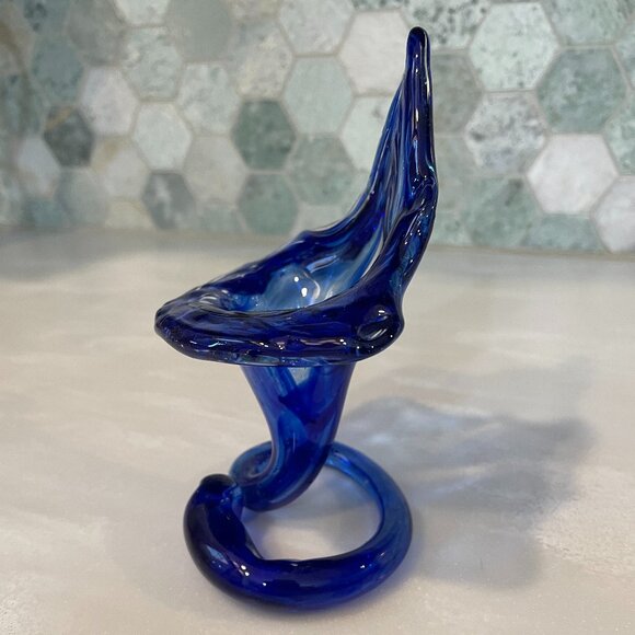 Vintage MCM Blue Cobalt Hand Blown Art Glass Vase Jack in the Pulpit - Picture 2 of 5